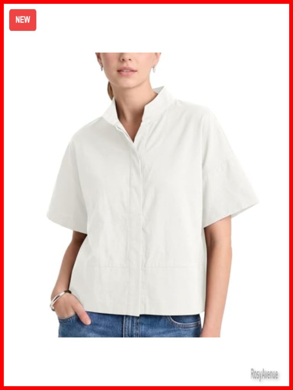 Women's Oversized Button Down Shirt Short Sleeve Stand Collar Cropped Work